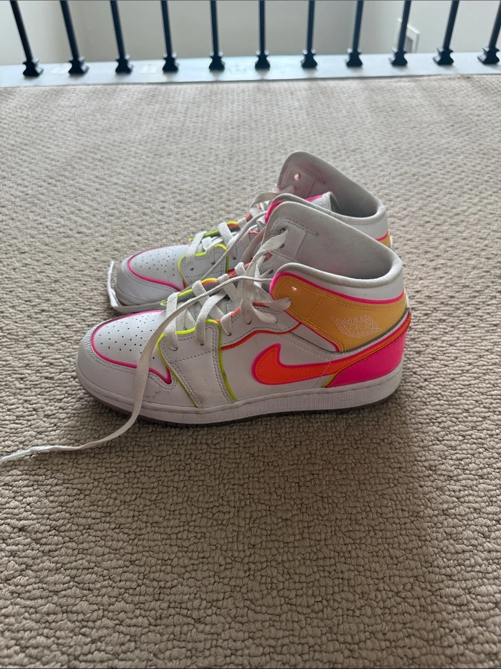 Jordan Kids White Sneakers with Neon Pink, Orange & Yellow Accents
